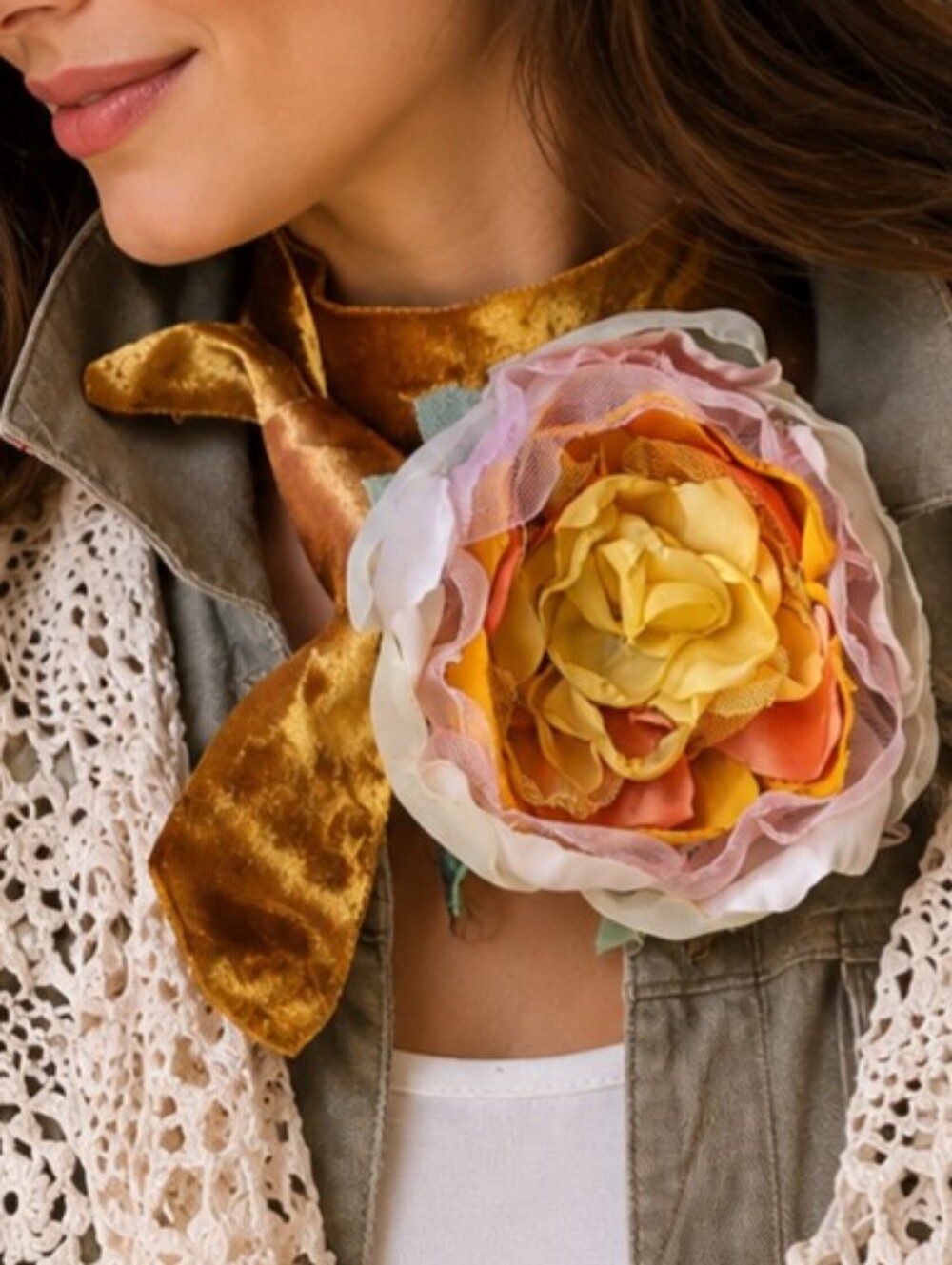 Cottage Jabot Silk Romantic Flower Fabric Rose Camellia Bowtie Antique Lace